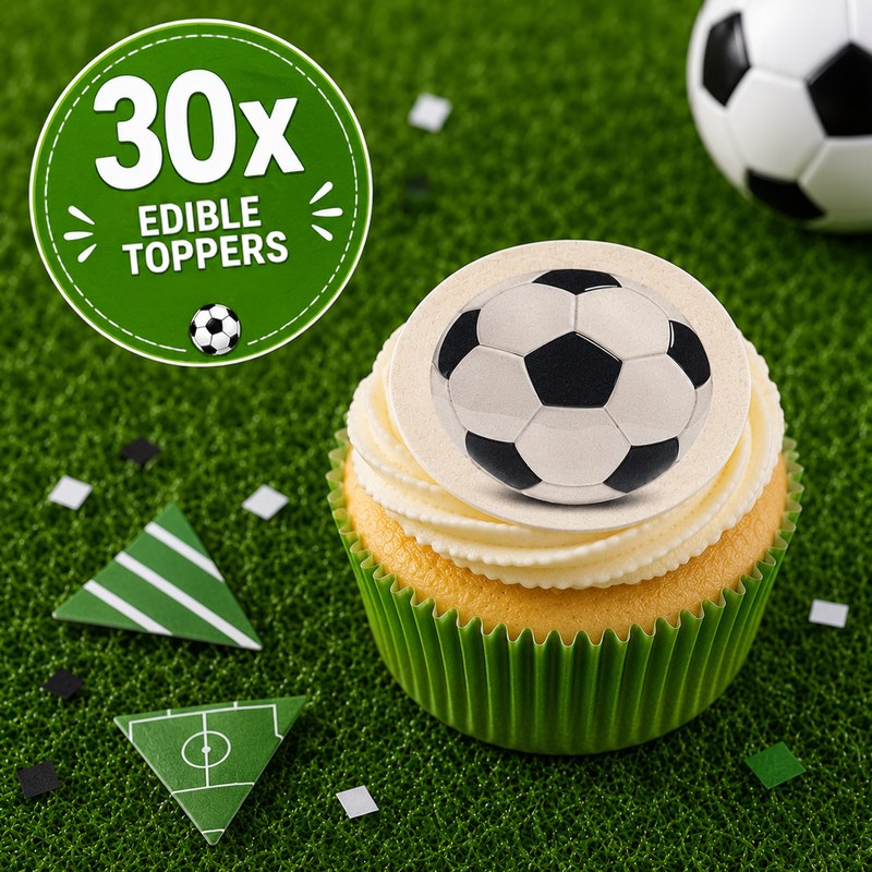30x Football Soccer Edible Cupcake Toppers Wafer / Icing Cake Decorations