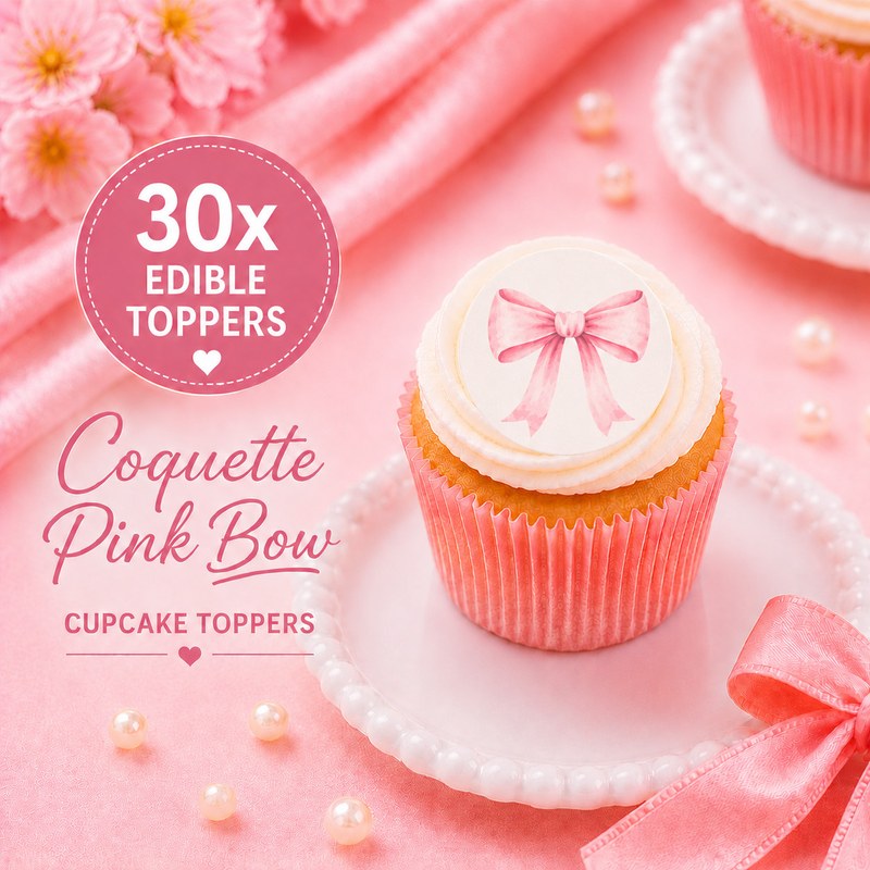 30x Coquette Pink Bow Edible Cupcake Toppers Wafer / Wafer Card / Icing